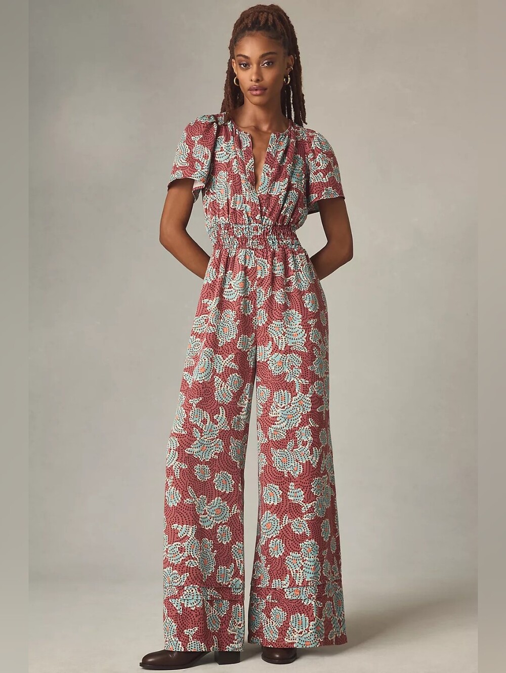 Womens Red Floral Wide-Leg Jumpsuit